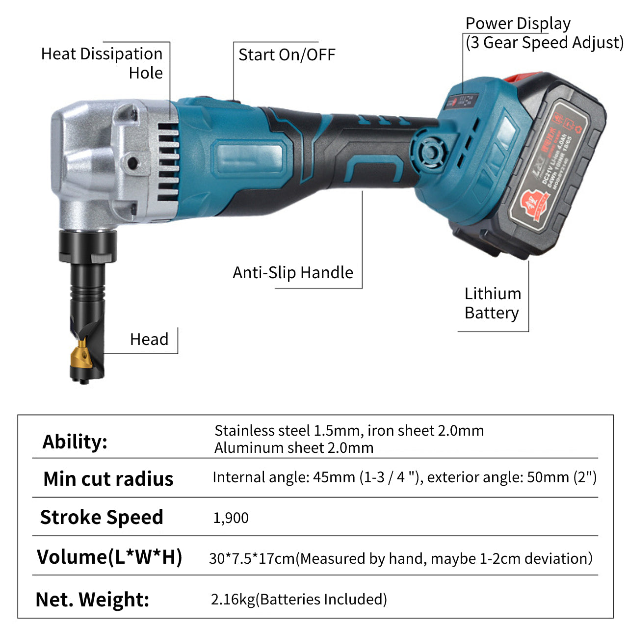 16 Gauge Battery Powered Cordless Nibbler Metal Cutting Tool